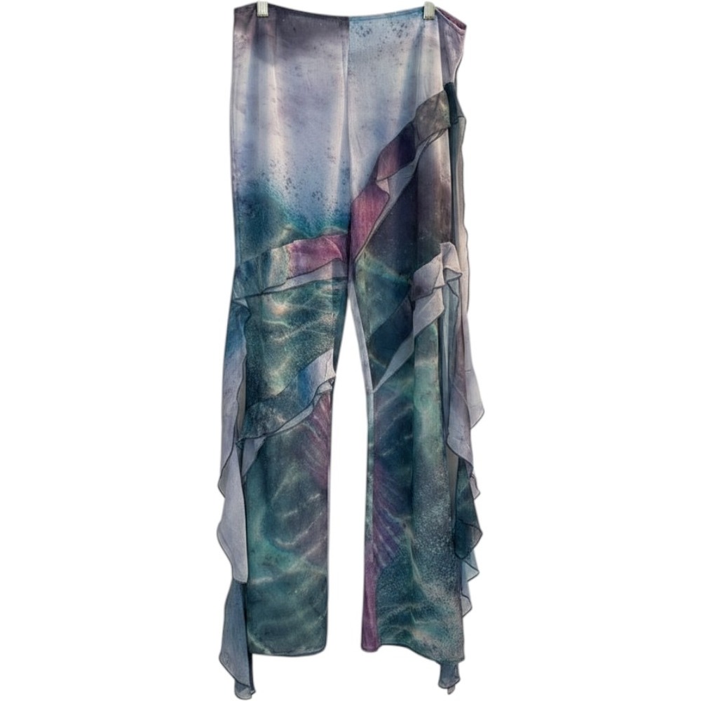 PRETTYLITTLETHING Pants Women's 6 Multi Color‎ Water Print Frill Beach Trousers